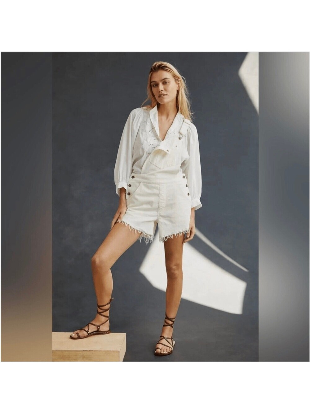 Anthropologie Pilcro Frayed Dungarees Short Corduroy Overall Womens 30 Off White